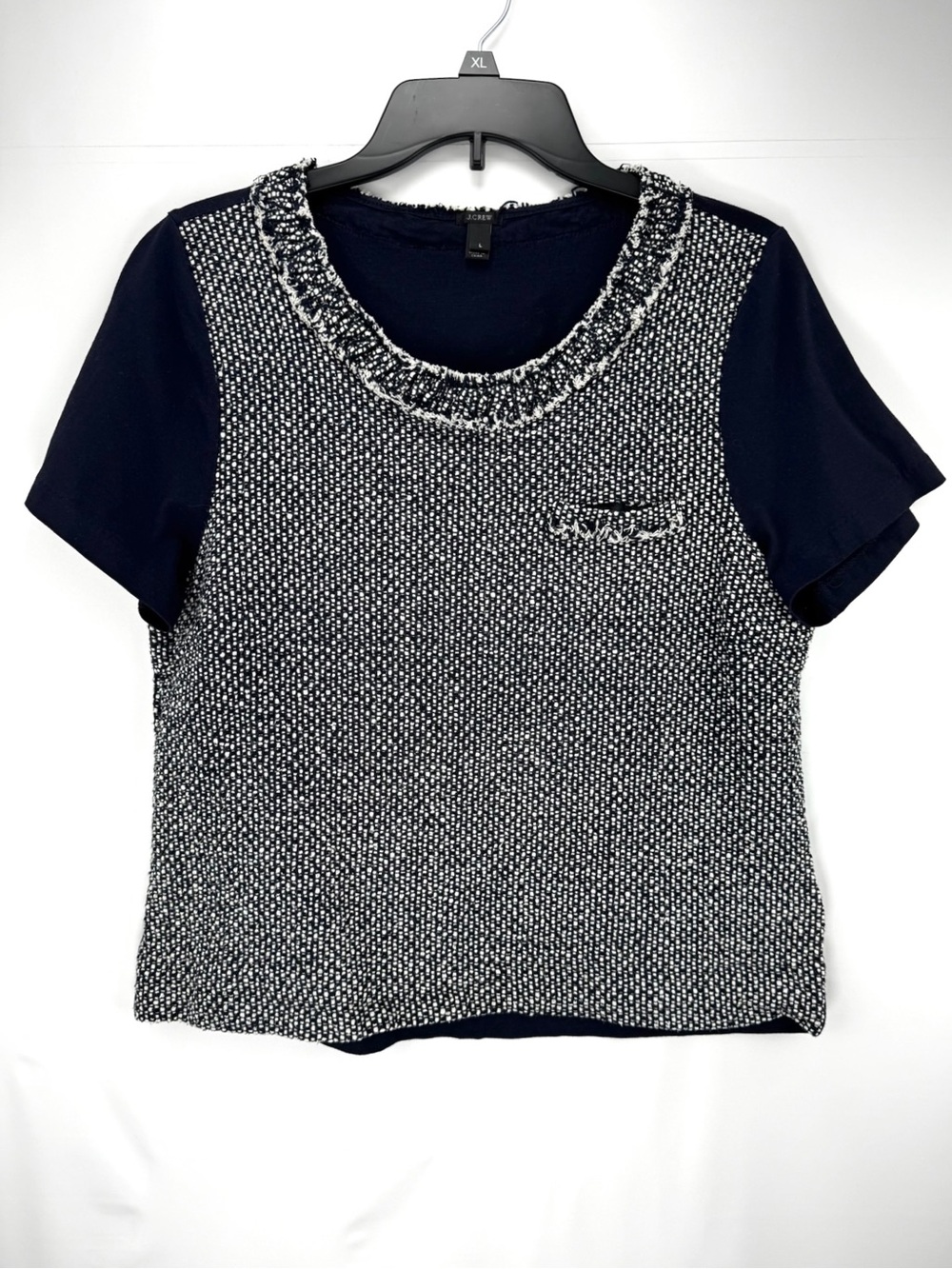 J. Crew Navy & White Tweed-Front Short Sleeve Knit (Silk & Cotton) Sweater